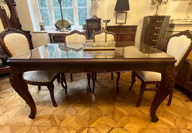 Casa Padrino Luxus Barock Esstisch mit Glasplatte Dunkelbraun - Handgefertigter Massivholz Esszimmertisch - Luxus Esszimmer Möbel im Barockstil - Barock Möbel - Barock Einrichtung