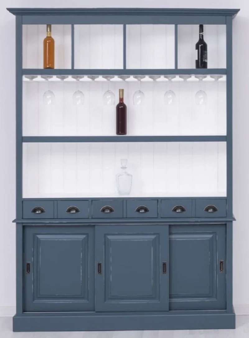 Casa Padrino Landhausstil Massivholz Barschrank Antik Blau / Weiß 151 x 36 x H. 210 cm - Massivholz Weinschrank im Landhausstil - Massivholz Bar Möbel - Landhausstil Bar Möbel