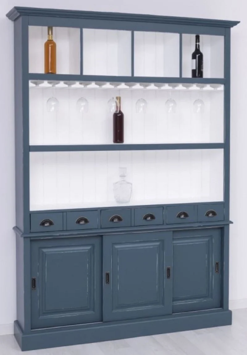 Casa Padrino Landhausstil Massivholz Barschrank Antik Blau / Weiß 151 x 36 x H. 210 cm - Massivholz Weinschrank im Landhausstil - Massivholz Bar Möbel - Landhausstil Bar Möbel