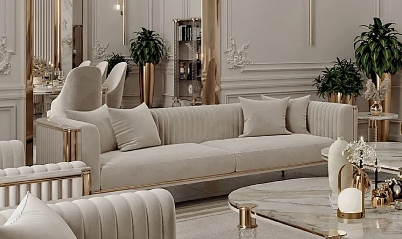 Casa Padrino Luxus Art Deco 3er Sofa Grau / Gold 260 x 96 x H. 75,5 cm - Wohnzimmer Sofa - Wohnzimmer Möbel - Art Deco Möbel - Luxus Möbel - Art Deco Einrichtung - Luxus Einrichtung