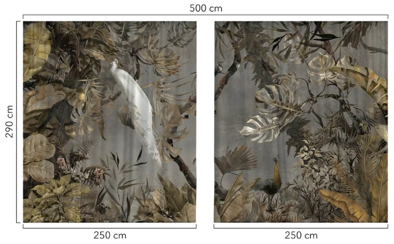 Casa Padrino Luxus Vorhang Set Weißer Pfau im Wald Grau / Mehrfarbig 250 x H. 290 cm - Bedruckte Samt Gardinen - Ösenvorhänge - Wohnzimmer Vorhänge - Luxus Vorhänge - Luxus Qualität