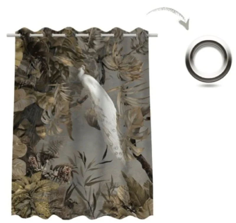 Casa Padrino Luxus Vorhang Set Weißer Pfau im Wald Grau / Mehrfarbig 250 x H. 290 cm - Bedruckte Samt Gardinen - Ösenvorhänge - Wohnzimmer Vorhänge - Luxus Vorhänge - Luxus Qualität