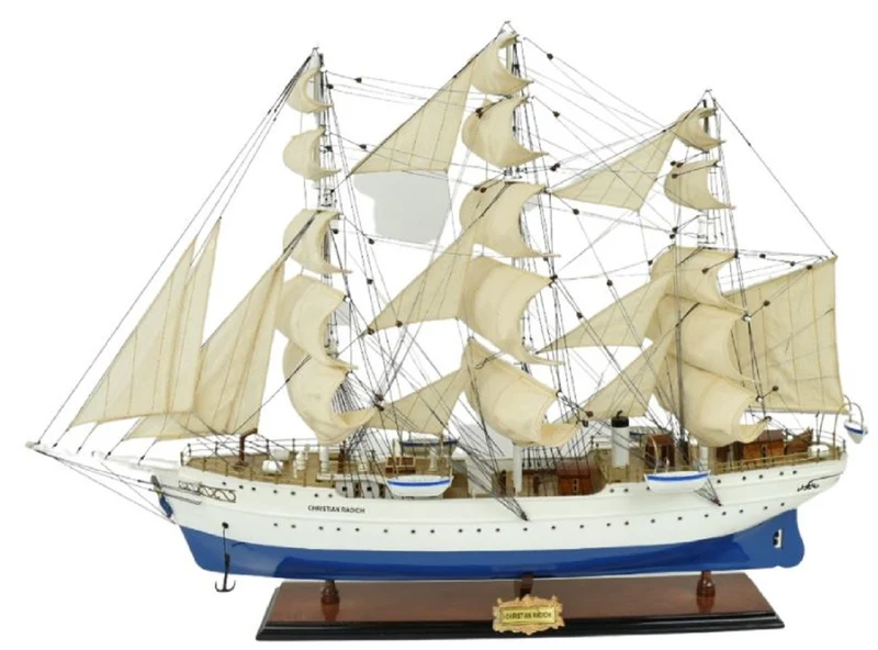 Casa Padrino Luxus Segelschiff Christian Radich Weiß / Blau 97 x 30 x H. 70 cm - Handgefertigtes Deko Schiff - Holzschiff - Modellschiff - Deko Accessoires - Luxus Wohnzimmer Deko