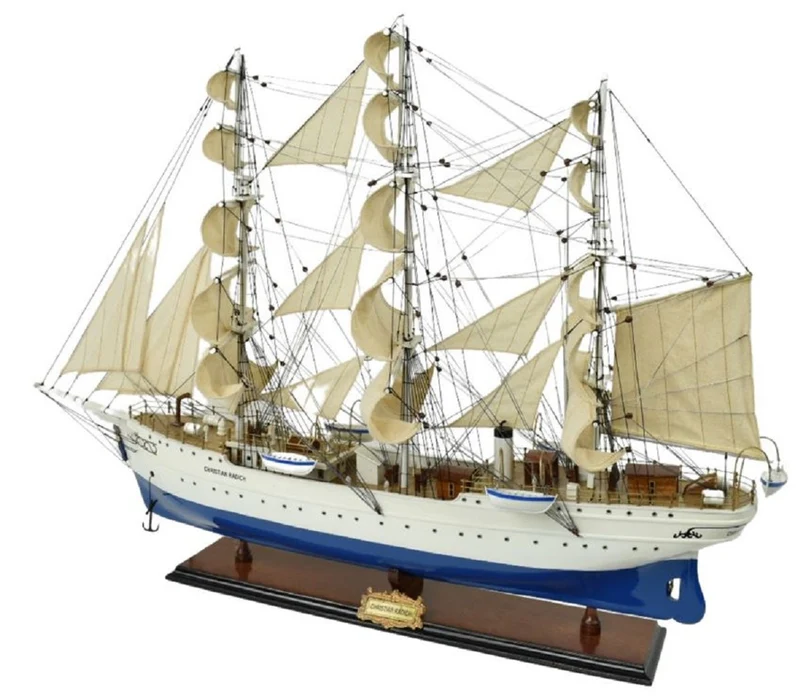 Casa Padrino Luxus Segelschiff Christian Radich Weiß / Blau 97 x 30 x H. 70 cm - Handgefertigtes Deko Schiff - Holzschiff - Modellschiff - Deko Accessoires - Luxus Wohnzimmer Deko