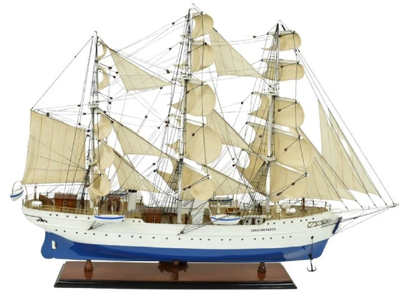 Casa Padrino Luxus Segelschiff Christian Radich Weiß / Blau 97 x 30 x H. 70 cm - Handgefertigtes Deko Schiff - Holzschiff - Modellschiff - Deko Accessoires - Luxus Wohnzimmer Deko