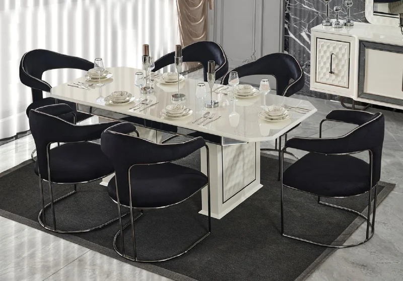Casa Padrino Luxus Art Deco Esszimmer Set Schwarz / Weiß / Bronze - 1 Ausziehbarer Esstisch & 6 Esszimmerstühle mit Armlehnen - Esszimmer Möbel - Art Deco Möbel - Luxus Möbel