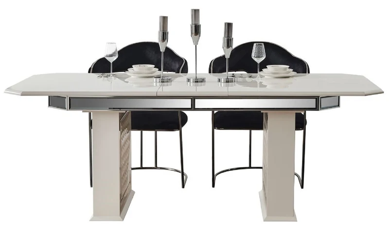 Casa Padrino Luxus Art Deco Esszimmer Set Schwarz / Weiß / Bronze - 1 Ausziehbarer Esstisch & 6 Esszimmerstühle mit Armlehnen - Esszimmer Möbel - Art Deco Möbel - Luxus Möbel