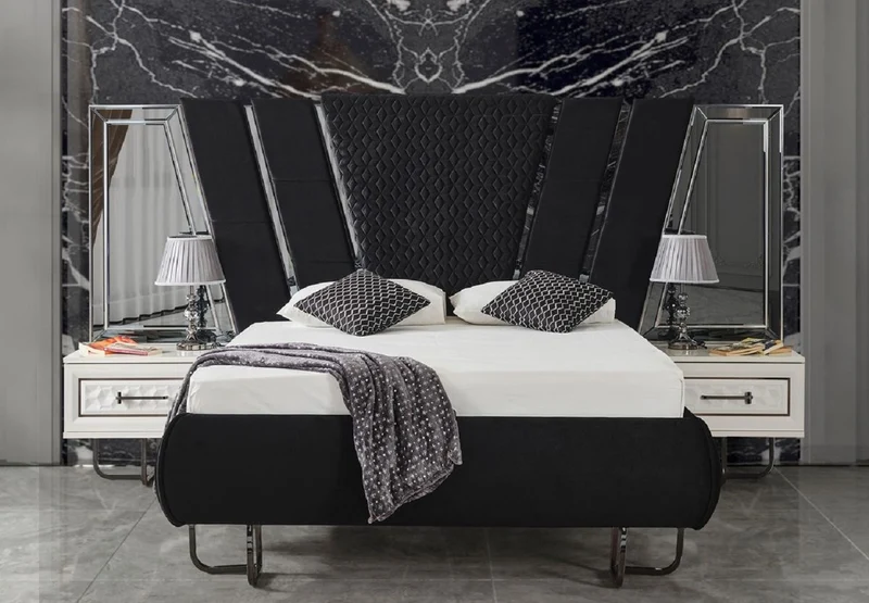 Casa Padrino Luxus Art Deco Schlafzimmer Set Schwarz / Weiß / Bronze - 1 Doppelbett mit Kopfteil & 2 Nachtkommoden - Art Deco Schlafzimmer Möbel - Luxus Schlafzimmer Möbel - Luxus Einrichtung