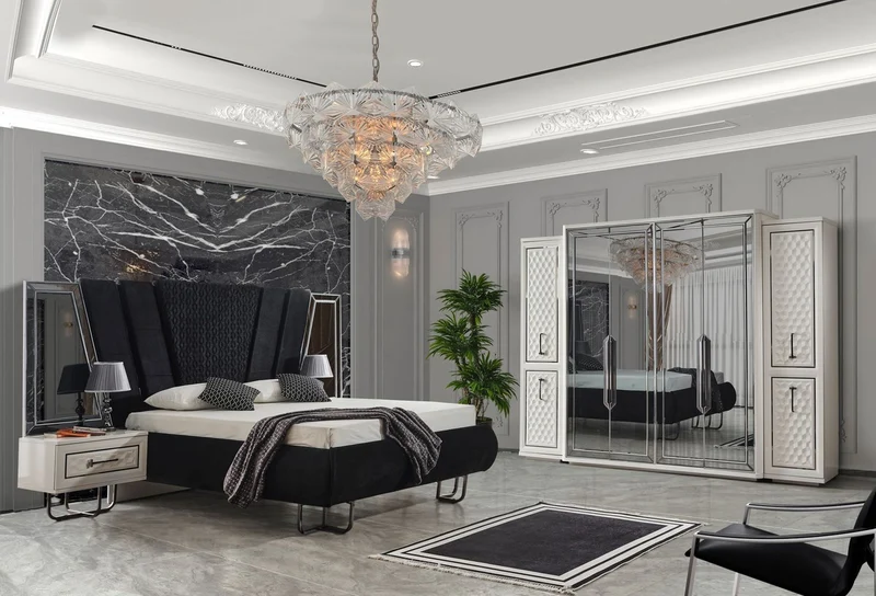 Casa Padrino Luxus Art Deco Schlafzimmer Set Schwarz / Weiß / Bronze - 1 Doppelbett mit Kopfteil & 2 Nachtkommoden - Art Deco Schlafzimmer Möbel - Luxus Schlafzimmer Möbel - Luxus Einrichtung