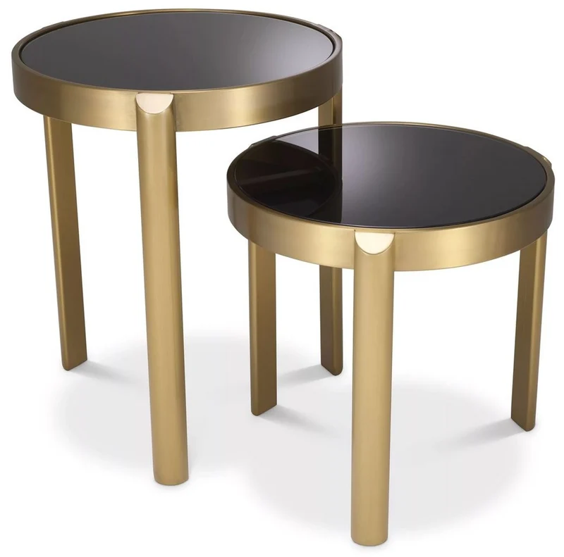 Casa Padrino Luxus Beistelltisch Set Messing / Schwarz - 2 runde Edelstahl Tische mit Glasplatten - Wohnzimmer Möbel - Hotel Möbel - Luxus Möbel - Luxus Einrichtung - Möbel Luxus