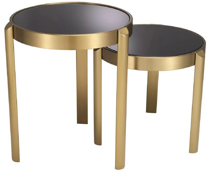 Casa Padrino Luxus Beistelltisch Set Messing / Schwarz - 2 runde Edelstahl Tische mit Glasplatten - Wohnzimmer Möbel - Hotel Möbel - Luxus Möbel - Luxus Einrichtung - Möbel Luxus