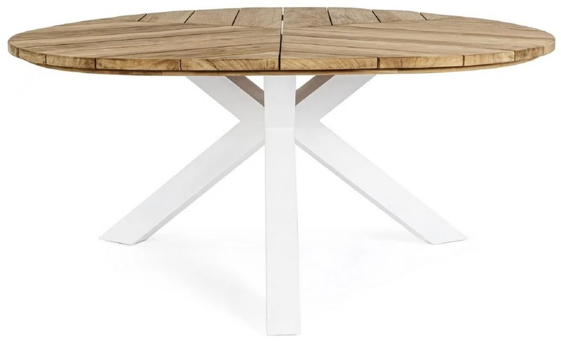 Casa Padrino Luxus Gartentisch Naturfarben / Weiß Ø 160 x H. 77 cm - Garten Esstisch mit Teakholz Tischplatte und Aluminium Beinen - Garten & Terrassen Tisch - Luxus Garten & Terrassen Möbel