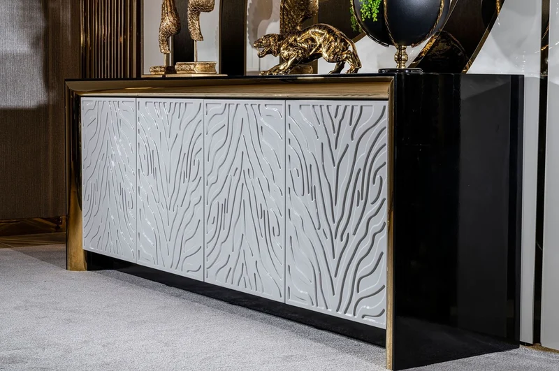 Casa Padrino Luxus Sideboard Schwarz / Weißgrau / Gold 220 x 52 x H. 87,5 cm - Edler Massivholz Schrank mit 4 Türen - Luxus Möbel - Luxus Einrichtung