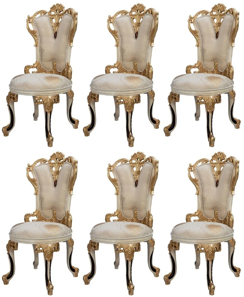Casa Padrino Luxus Barock Esszimmerstuhl 6er Set Weiß / Creme / Beige / Schwarz / Gold - Barockstil Küchenstühle mit Muster - Luxus Esszimmer Möbel im Barockstil - Barock Esszimmer Möbel
