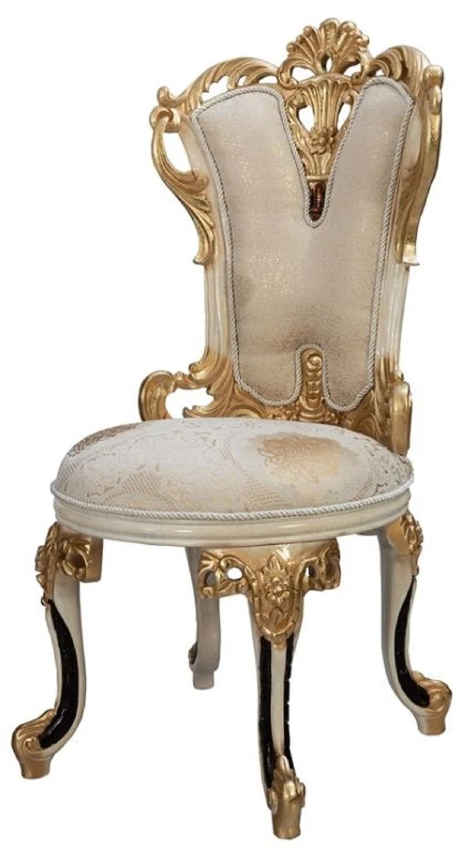 Casa Padrino Luxus Barock Esszimmerstuhl 6er Set Weiß / Creme / Beige / Schwarz / Gold - Barockstil Küchenstühle mit Muster - Luxus Esszimmer Möbel im Barockstil - Barock Esszimmer Möbel
