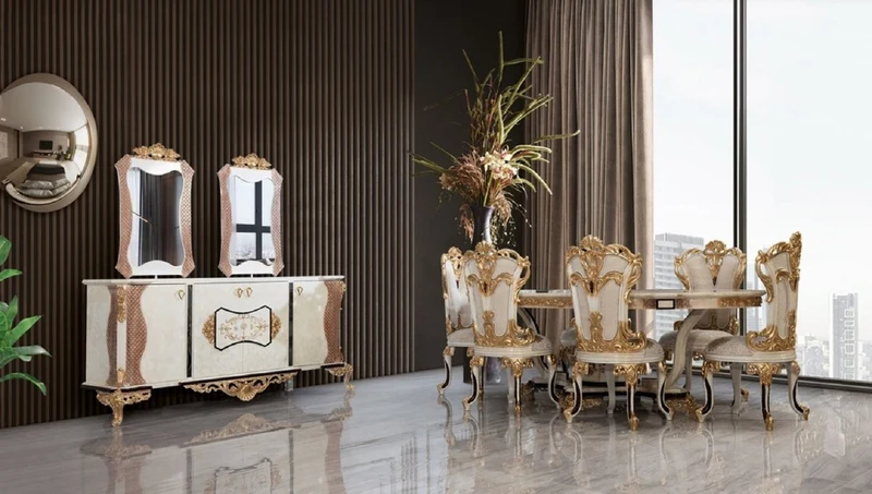 Casa Padrino Luxus Barock Esszimmerstuhl 6er Set Weiß / Creme / Beige / Schwarz / Gold - Barockstil Küchenstühle mit Muster - Luxus Esszimmer Möbel im Barockstil - Barock Esszimmer Möbel