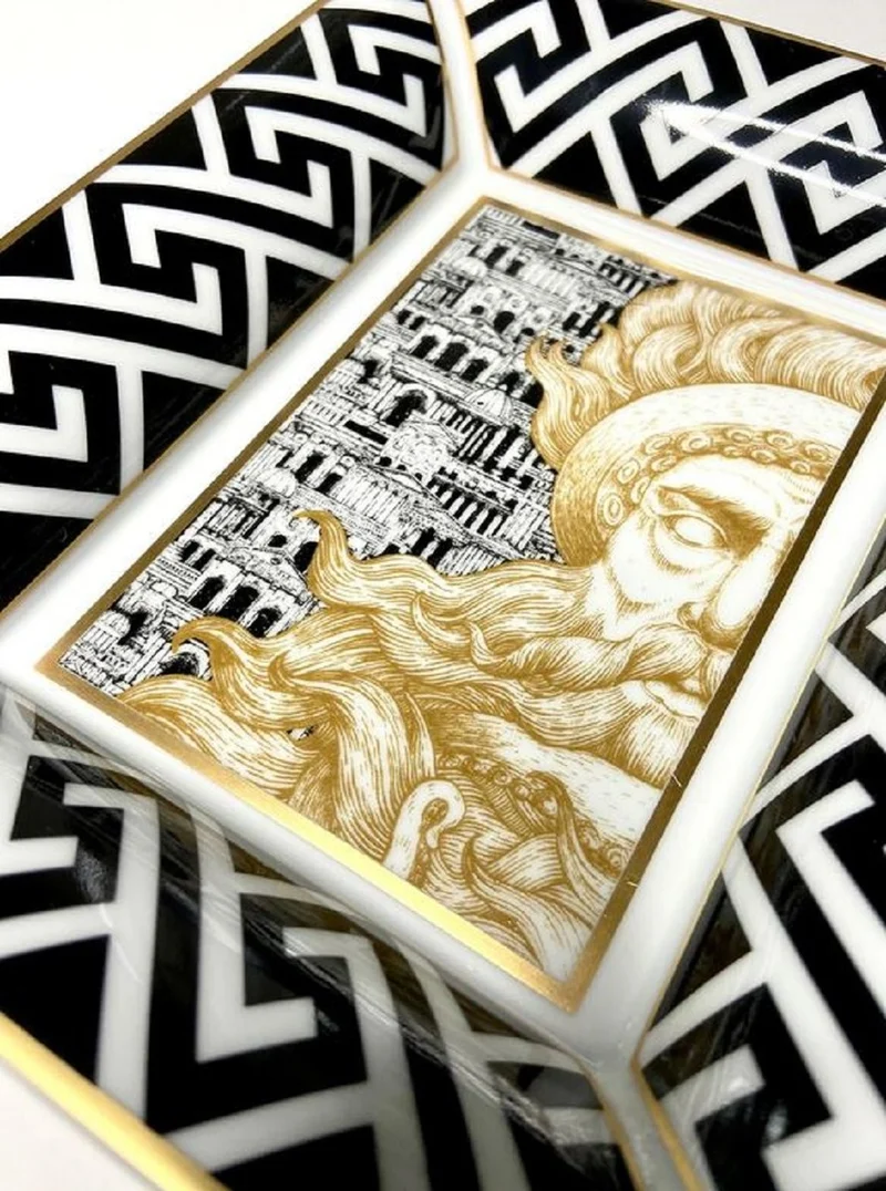 Casa Padrino Luxus Deko Schale Poseidon Weiß / Schwarz / Gold 20,5 x 17,5 x H. 13,5 cm - Handbemalte Porzellan Schale - Luxus Qualität - Made in Italy