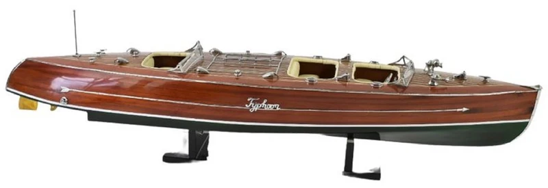 Casa Padrino Luxus Deko Speedboot Typhoon mit Massivholz Ständer Braun / Grün 95 x 22 x H. 23 cm - Handgefertigtes Deko Boot - Holzboot - Modellboot - Rennboot - Wohnzimmer Deko Accessoires
