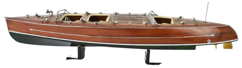 Casa Padrino Luxus Deko Speedboot Typhoon mit Massivholz Ständer Braun / Grün 95 x 22 x H. 23 cm - Handgefertigtes Deko Boot - Holzboot - Modellboot - Rennboot - Wohnzimmer Deko Accessoires