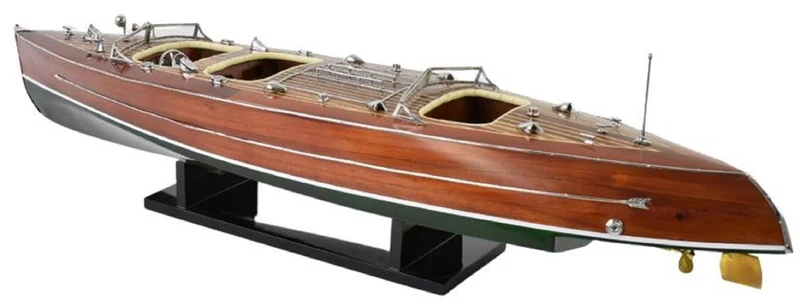 Casa Padrino Luxus Deko Speedboot Typhoon mit Massivholz Ständer Braun / Grün 95 x 22 x H. 23 cm - Handgefertigtes Deko Boot - Holzboot - Modellboot - Rennboot - Wohnzimmer Deko Accessoires