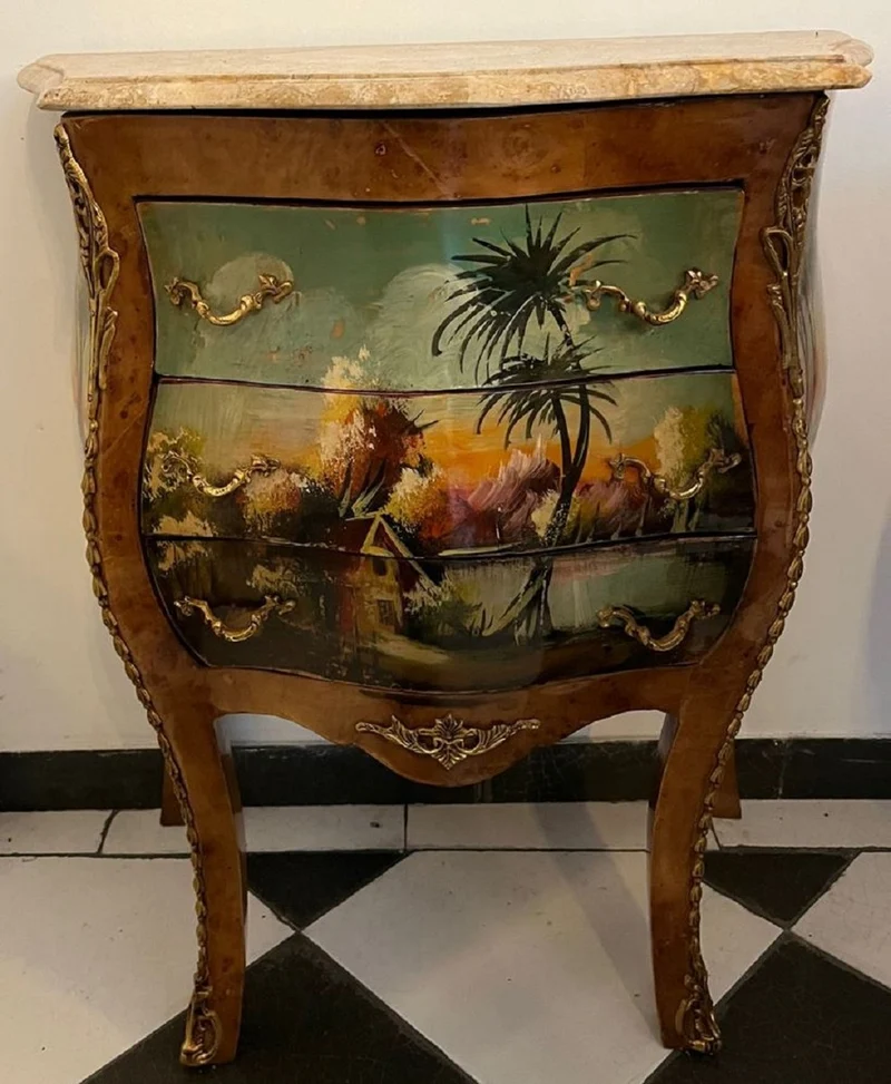 Casa Padrino Barock Kommode Braun / Mehrfarbig / Creme - Handgefertigte Barockstil Nachtkommode mit Marmorplatte und 3 Schubladen - Barock Möbel - Schlafzimmer Möbel im Barockstil