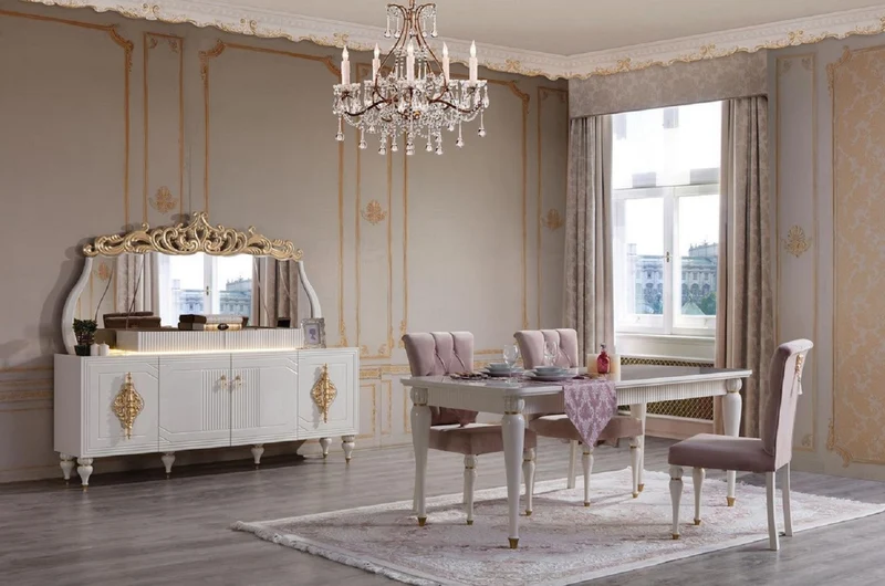 Casa Padrino Luxus Barock Esstisch Weiß / Gold - Prunkvoller Massivholz Esszimmertisch im Barockstil - Barock Esszimmer Möbel - Luxus Esszimmer Möbel im Barockstil - Edel & Prunkvoll
