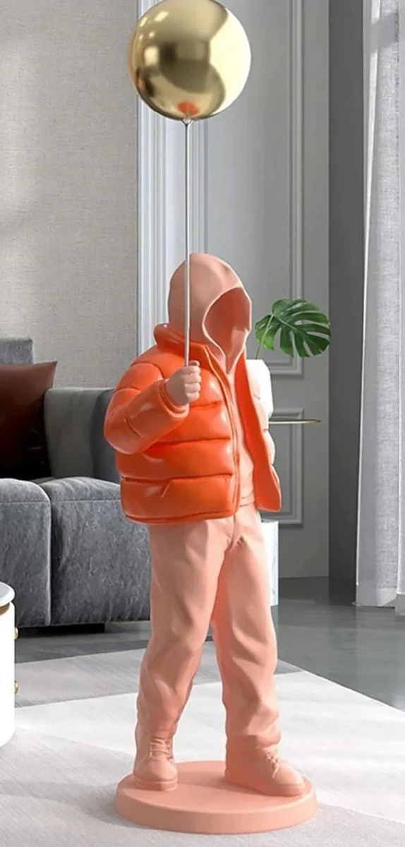 Casa Padrino Luxus Designer XXL Deko Skulptur Junge mit Luftballon Rosa / Orange / Gold H. 68 cm - XXL Kunstharz Deko Figur - Wohnzimmer Deko - Luxus Deko Accessoires - Luxus Qualität