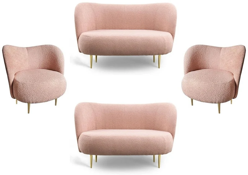Casa Padrino Luxus Wohnzimmer Set Rosa / Gold - 2 Luxus Sofas mit gebogener Rückenlehne & 2 Luxus Sessel mit gebogener Rückenlehne - Wohnzimmer Möbel - Luxus Möbel - Luxus Einrichtung