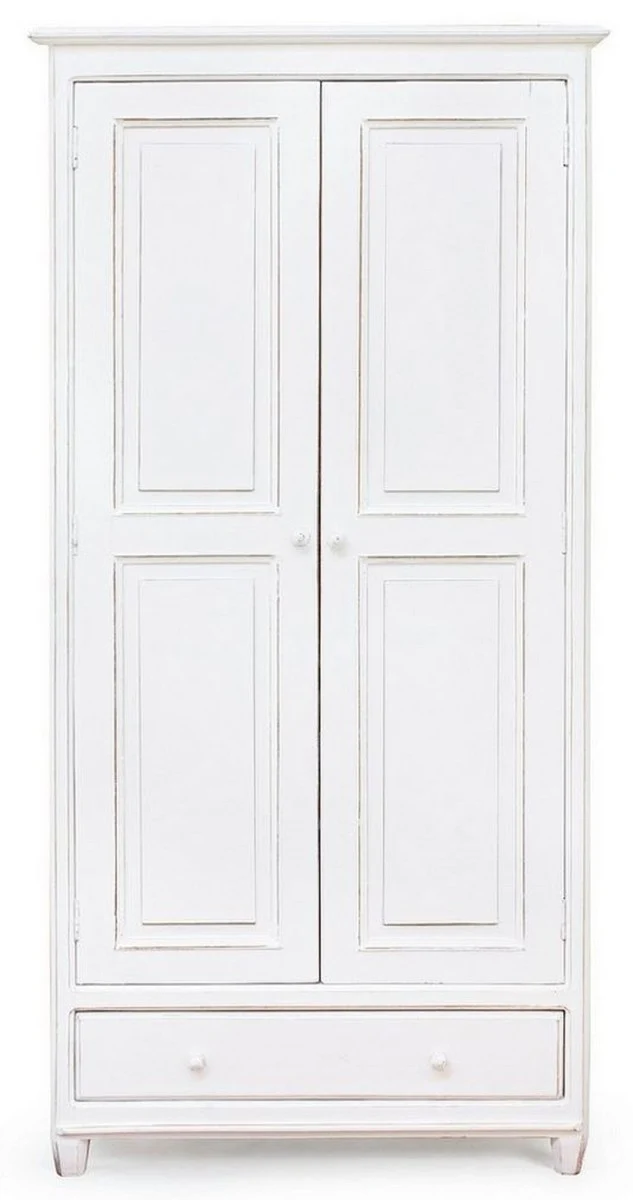 Casa Padrino Landhausstil Schlafzimmerschrank Antik Weiß 90 x 55 x H. 190 cm - Massivholz Kleiderschrank mit 2 Türen und Schublade - Massivholz Schlafzimmer Möbel im Landhausstil