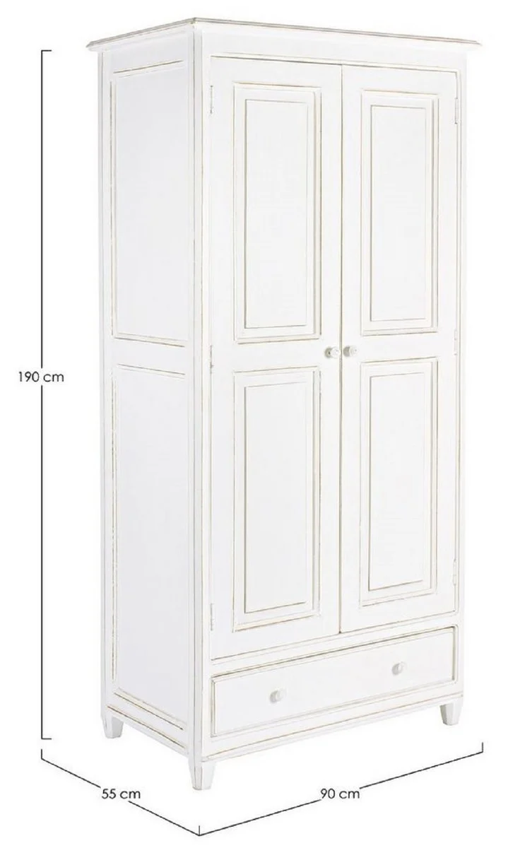 Casa Padrino Landhausstil Schlafzimmerschrank Antik Weiß 90 x 55 x H. 190 cm - Massivholz Kleiderschrank mit 2 Türen und Schublade - Massivholz Schlafzimmer Möbel im Landhausstil