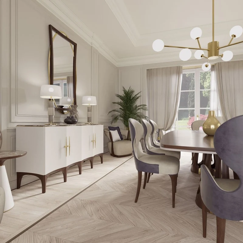 Casa Padrino Luxus Art Deco Esszimmer Set Grau / Lila / Braun / Gold - 1 Luxus Art Deco Esstisch & 8 Luxus Art Deco Esszimmerstühle - Art Deco Esszimmer Möbel - Luxus Qualität - Made in Italy