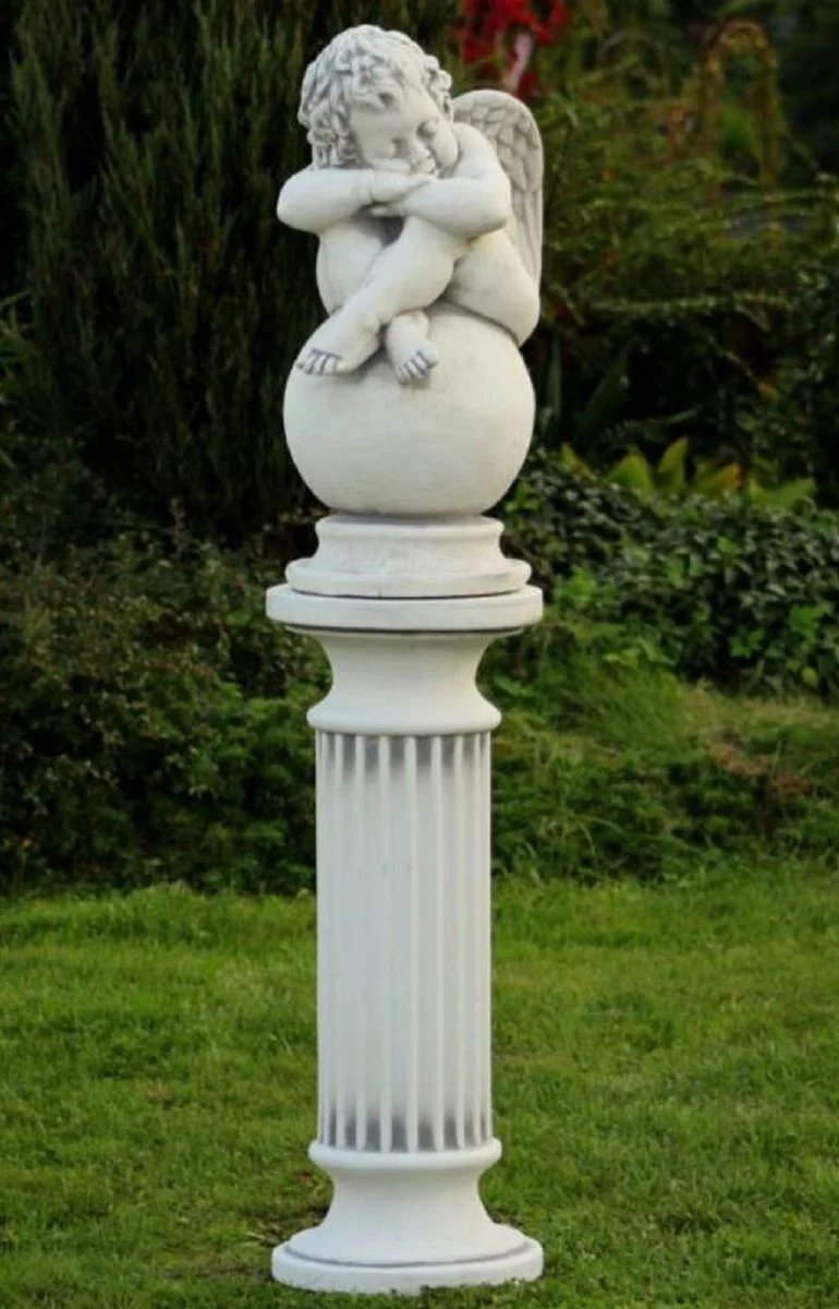 Casa Padrino Barock Säule mit Engel auf Kugel Weiß / Grau Ø 30 x H. 134 cm - Prunkvolle Gartensäule im Barockstil - Gartendeko Stein Säule mit Skulptur - Barock Garten & Terrassen Deko Accessoires