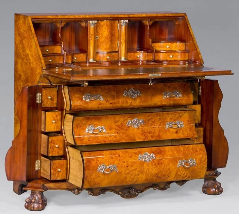 Casa Padrino Luxus Jugendstil Schreibkommode mit 18 Schubladen Hellbraun / Braun / Grün / Silber - Prunkvolle Massivholz Kommode - Luxus Möbel im Barockstil - Barock Büro Möbel - Edel & Prunkvoll