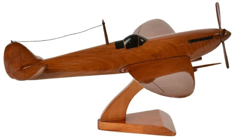 Casa Padrino Luxus Deko Jagdflugzeug Supermarine Spitfire Braun / Schwarz 40 x 36 x H. 20 cm - Holz Flugzeug mit Ständer - Propellerflugzeug - Modellflugzeug - Schreibtisch Deko - Deko Accessoires
