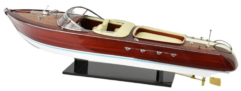 Casa Padrino Luxus Deko Speedboot mit Massivholz Ständer 87 x H. 26 cm - Handgefertigtes Deko Boot - Holzboot - Modellboot - Rennboot
