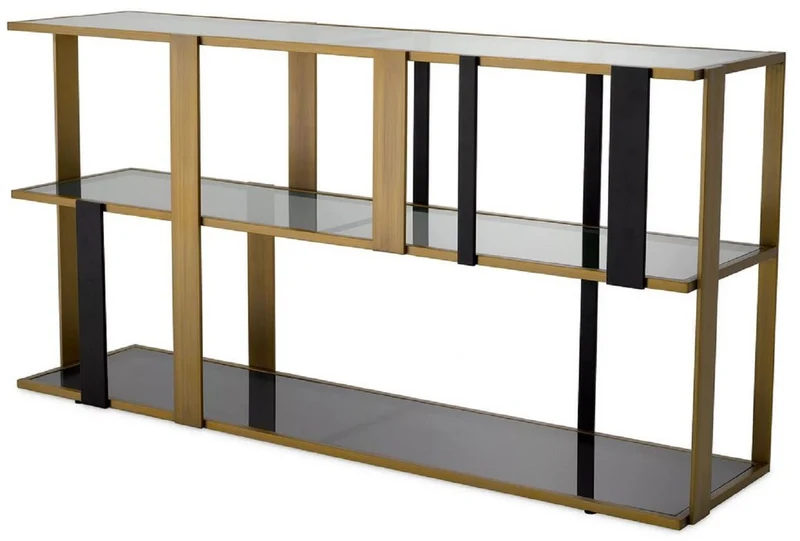 Casa Padrino Luxus Regalschrank Messing / Schwarz / Grau 178 x 44 x H. 89,5 cm - Rechteckiger Wohnzimmer Schrank - Büro Schrank - Wohnzimmer Möbel - Büro Möbel - Luxus Möbel
