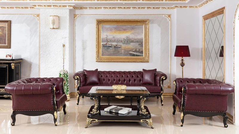 Casa Padrino Luxus Barock Chesterfield Leder Sofa Bordeauxrot / Schwarz / Gold - Prunkvolles Wohnzimmer Echtleder Sofa - Barock Chesterfield Leder Möbel - Luxus Möbel im Barockstil