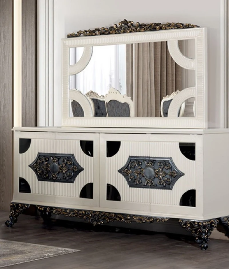 Casa Padrino Luxus Barock Sideboard mit Spiegel Weiß / Blau / Bronze - Luxus Möbel Möbel im Barockstil - Barock Möbel - Barock Einrichtung - Edel & Prunkvoll
