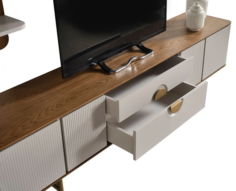 Casa Padrino Luxus Wohnzimmer TV Schrank Set Hellgrau / Braun / Messing - 1 TV Schrank & 1 Wandregal - Wohnzimmer Möbel - Massivholz Möbel - Luxus Möbel - Luxus Einrichtung