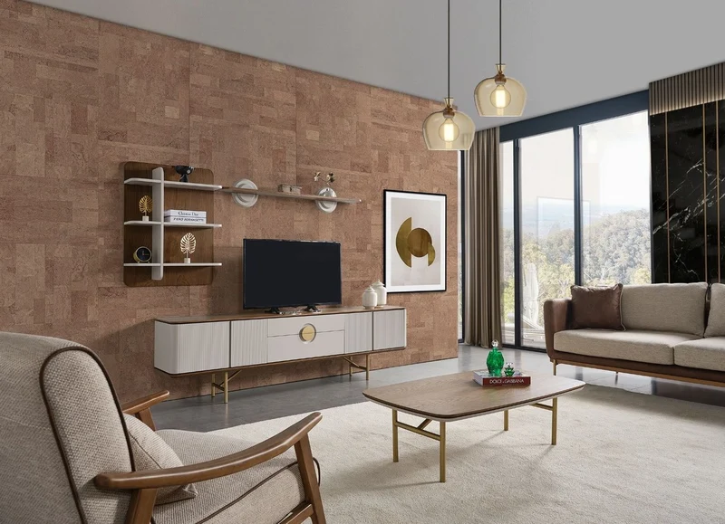Casa Padrino Luxus Wohnzimmer TV Schrank Set Hellgrau / Braun / Messing - 1 TV Schrank & 1 Wandregal - Wohnzimmer Möbel - Massivholz Möbel - Luxus Möbel - Luxus Einrichtung