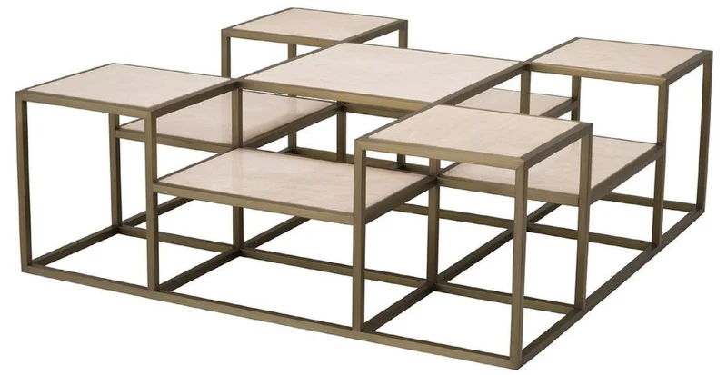 Casa Padrino Luxus Couchtisch Messing / Beige 120 x 120 x H. 41,5 cm - Quadratischer Edelstahl Wohnzimmertisch mit Travertin Tischplatten - Wohnzimmer Möbel - Luxus Möbel - Luxus Einrichtung