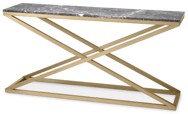 Casa Padrino Luxus Konsole Messing / Grau 150 x 40 x H. 74 cm - Rechteckiger Edelstahl Konsolentisch mit Marmorplatte - Wohnzimmer Möbel - Hotel Möbel - Luxus Möbel - Luxus Einrichtung