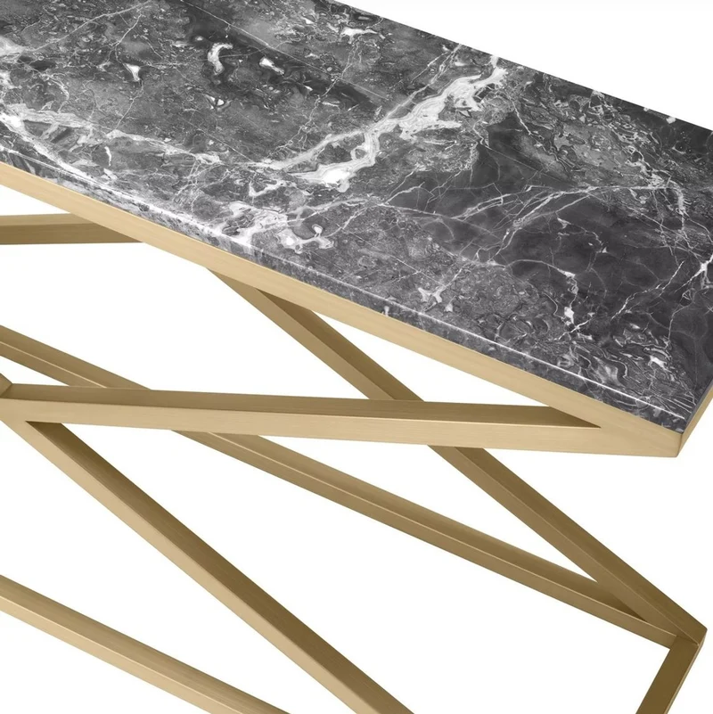 Casa Padrino Luxus Konsole Messing / Grau 150 x 40 x H. 74 cm - Rechteckiger Edelstahl Konsolentisch mit Marmorplatte - Wohnzimmer Möbel - Hotel Möbel - Luxus Möbel - Luxus Einrichtung