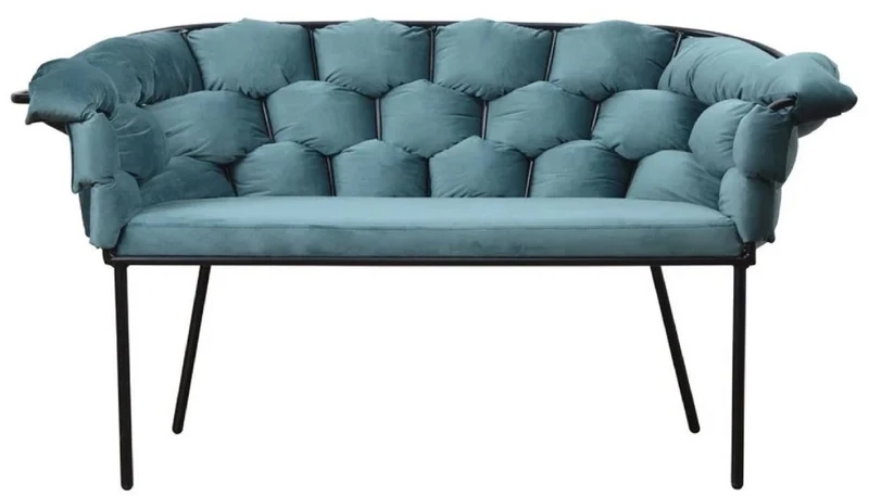 Casa Padrino Luxus Designer Sitzbank Hellblau / Schwarz 134 x 59 x H. 74 cm - Gepolsterte Bank mit Armlehnen & Rückenlehne - Wohnzimmer Möbel - Luxus Möbel - Luxus Einrichtung
