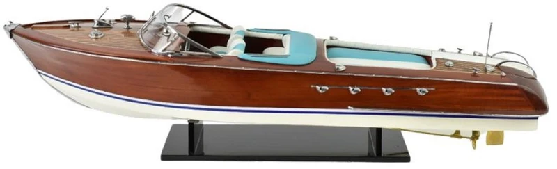 Casa Padrino Luxus Deko Speedboot mit Massivholz Ständer 87 cm - Handgefertigtes Deko Boot - Holzboot - Modellboot - Rennboot - Deko Accessoires