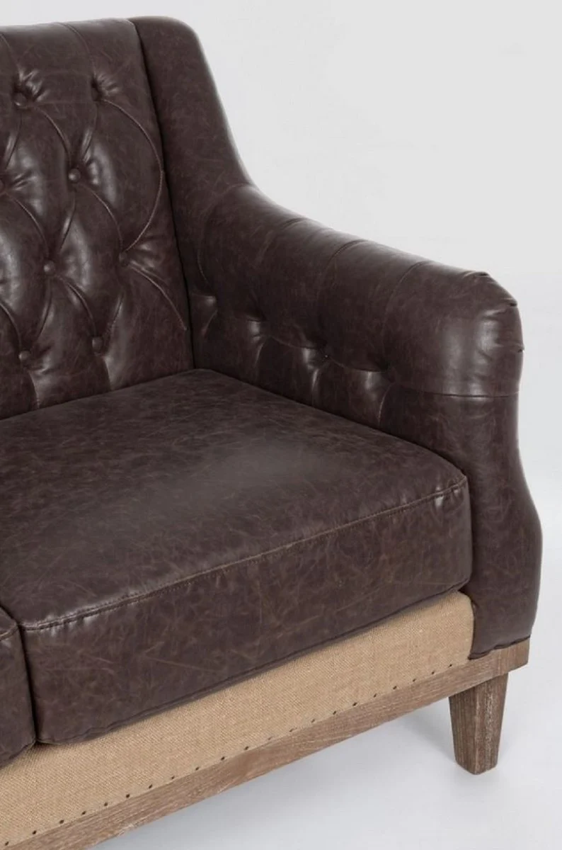 Casa Padrino Luxus Chesterfield Kunstleder Sofa Dunkelbraun / Naturfarben 140 x 85 x H. 85 cm - Wohnzimmer Sofa - Wohnzimmer Möbel - Chesterfield Möbel - Luxus Möbel - Luxus Einrichtung