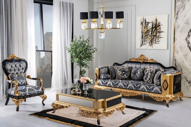 Casa Padrino Luxus Barock Sessel Blau / Schwarz / Gold - Prunkvoller Wohnzimmer Sessel - Barockstil Wohnzimmer Möbel - Luxus Möbel im Barockstil - Barock Einrichtung - Wohnzimmer Einrichtung