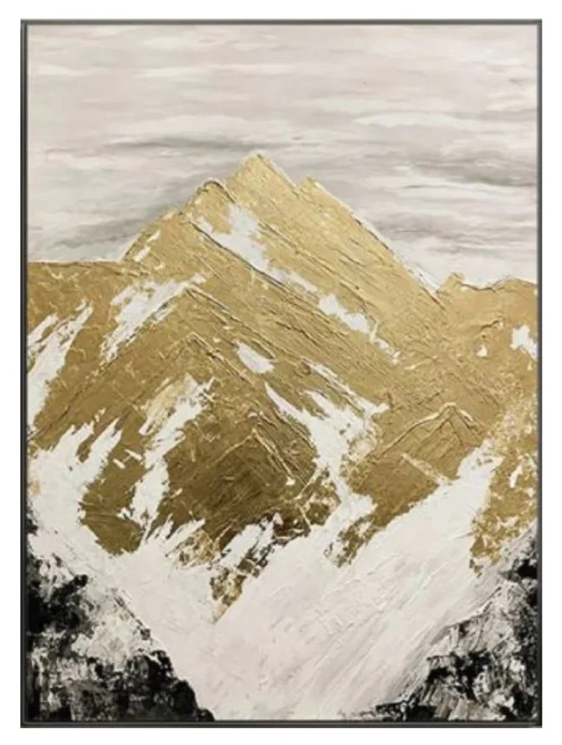 Casa Padrino Luxus Designer Ölgemälde Gebirge Gold / Weiß / Grau / Schwarz 120 x H. 170 cm - Handgemaltes Gemälde mit Metallrahmen - Luxus Wand Deko - Designer Wand Deko - Luxus Qualität
