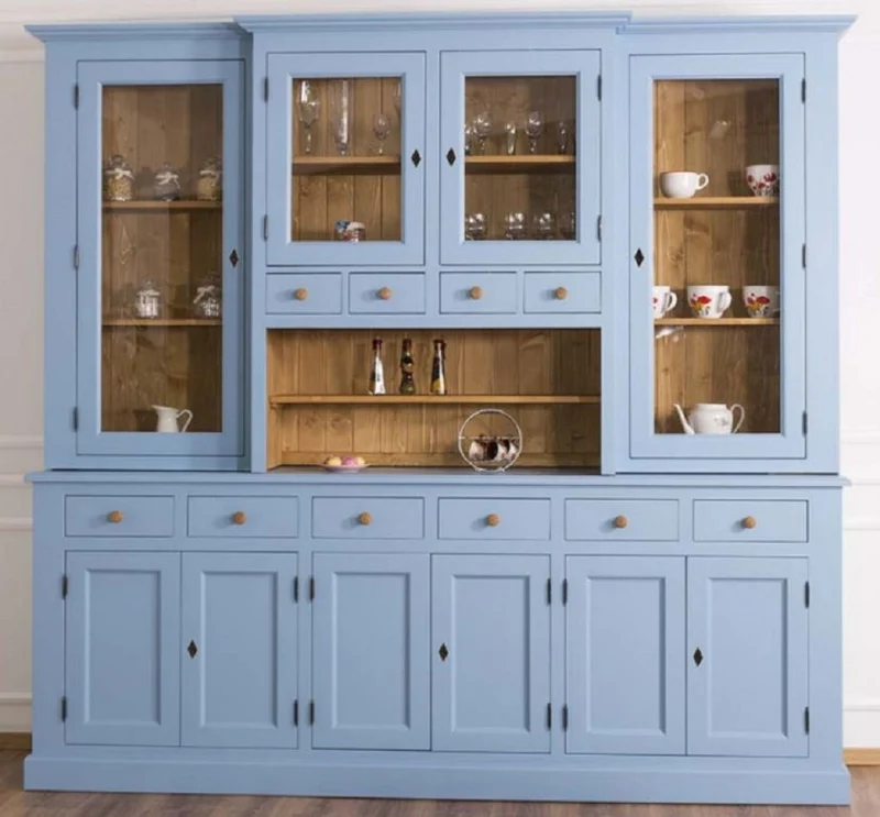 Casa Padrino Landhausstil Esszimmerschrank Hellblau / Naturfarben 245 x 47 x H. 225 cm - Massivholz Küchenschrank - Esszimmer Möbel im Landhausstil - Landhausstil Esszimmer Einrichtung