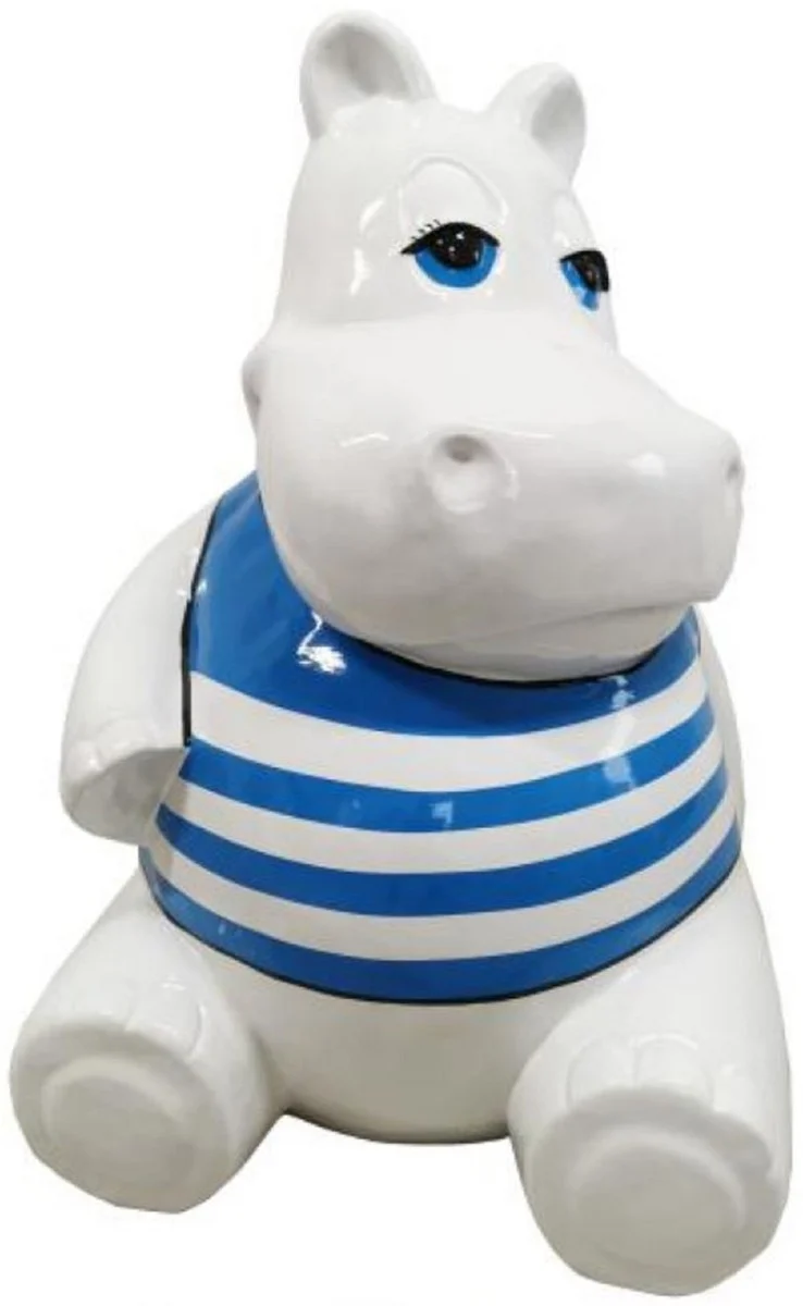 Casa Padrino Designer Deko Skulptur Sitzendes Nilpferd Weiß / Blau H. 48 cm - Wetterbeständige Deko Skulptur - Wohnzimmer Deko Figur - Garten Deko Figur - Deko Tierfigur - Deko Accessoires